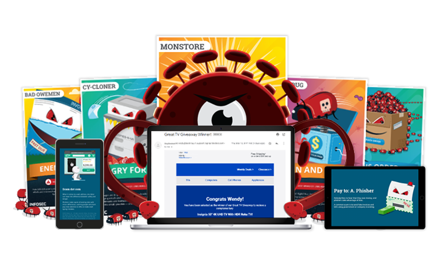 Posters showing how supplementing training with posters and digital banners in your newsletters reinforces cybersecurity best practices.